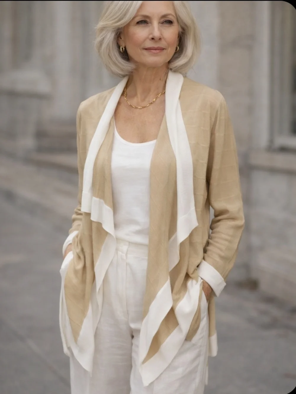 Misook Beige Long Cascade Knit Cardigan  White Trim Open-Front Old Money Sz S - Picture 8 of 8